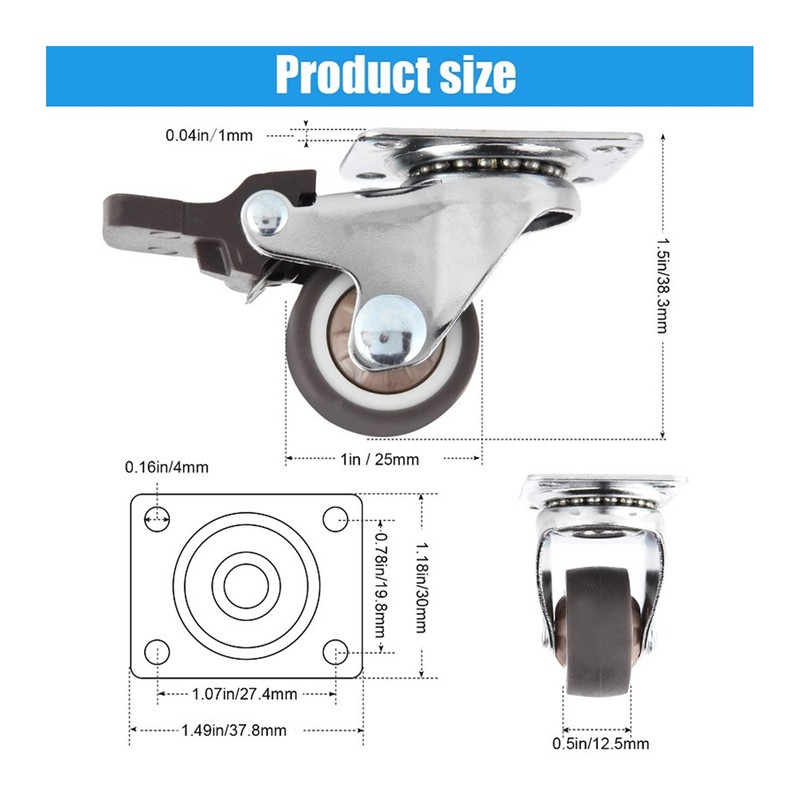 4Pcs Small Caster Wheels 1in Diameter Steel Rubber Rotating Locking