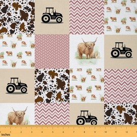 Cute Highland Cow Fabric by The Yard Cartoon Tractor Rustic Farmhouse Fabric for Kids Sewing Lovers Pink Yellow Grid Watercolor Wild Animal Fabric for Room Decor and DIY Upholstery 1 Yard,36"L x 59"W