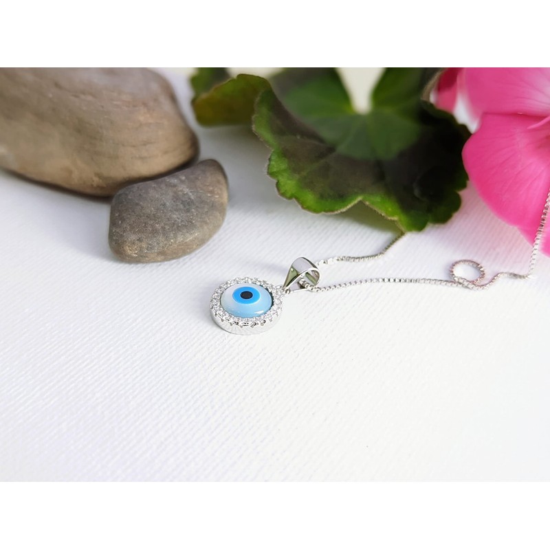 M-CREATIONS Evil Eye Necklace 925 Sterling Silver Mother of Pearl