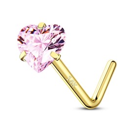 CM Crareesi Mania 14K Real Gold Nose Studs 20G Nose Rings Studs L Shaped Heart Nose Rings for Women Men Pink Diamond CZ Nose Piercing