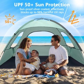 NXONE Beach Tent Sun Shade Shelter for 4 Person with UV Protection, Extended Floor, 3 Mesh Roll Up Windows & 8.5mm Fiberglass Rods丨Carry Bag Included (Mint Green)