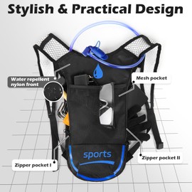 2 Pack Hydration Backpack Pack with 2L Hydration Bladder, TNYSPORT Lightweight Breathable Water Backpack with 3 Layer Pockets, Reinforced Shoulder Straps (Blue & Light Gray)