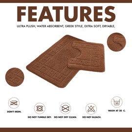 Lions Bath Mat Sets 2 Piece - Jacquard Greek Key Pattern Bathroom Toilet Rugs, Microfiber Bath Mats Pedestal Set, Super Soft Extra Absorbent Bathmat, Terracotta