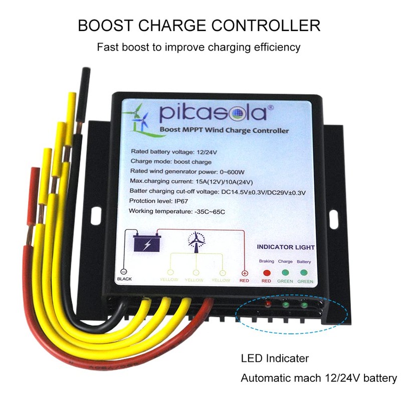 Pikasola MPPT Wind Turbine Charge Controller, 12V/24V Auto Match, IP67