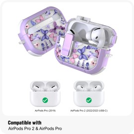 wenew WENEW Case for AirPods Pro & Pro 2 Case Cover Secure Lock Automatic Snap Switch Clip Cleaner Kit Lanyard Women Stylish Hard Shell Full Body Front LED Visible (Purple Butterfly, AirPods Pro & Pro 2)