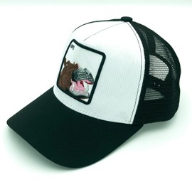 Senro Vientian Animal-Themed Trucker Hat with Polycotton Sweatband & Embroidered Patch, Color Clash Design (D, Hippo, White & Black)