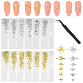 ASOMI 400 Pieces Star Nail Charms with Tweezers, 3D Star Nail Charms in Gold and Silver, Star Nail Jewellery Decorations, Manicure Set for Women