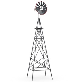 8 ft Ornamental Windmill, All-Weather Metal Wind Mill w/ 4 Support Legs, Decorative Weathervane for Backyard, Garden, Farm, 4 Ground Stakes Included (8ft-Gray)