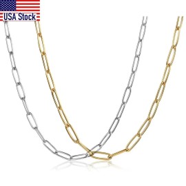 4MM Paperclip Chain Necklaces for Women Mens Silver Color Stainless Steel Cable Link Chain Gold Tone Choker Birthday GiftsColor: silver color-20inch(50CM)