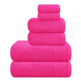 MyOwn Premium Cotton 6 Pack Towel Set for Bathroom, Contains 2 Bath Towels 28x55 inch, 2 Hand Towels 16x24 inch & 2 Wash Coths 12x12 inch, Ideal Everyday use, Compact & Lightweight - Hot Pink
