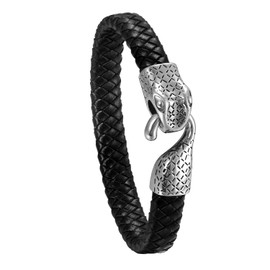 JewelryWe Men Snake Bracelet Bangle Black Braided Leather Bangle Stainless Steel Male Weave Men Jewelry
