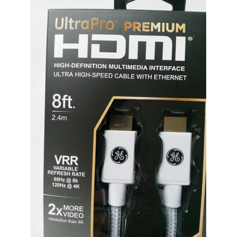 GE White Ultrapro Premium HDMI. 8 Ft. VRR. 8K. 4K.