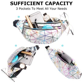 2 Pieces Holographic Fanny Packs Fashionable Waist Packs Shiny Waterproof Belt Bag for Women Men for Travel Party Festival Running, U-Black&Silver, 11.81 X 5.11 X 4.72 inch