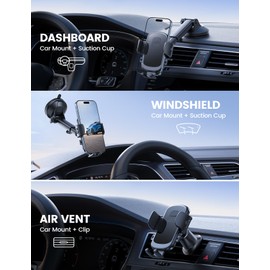 Lamicall Car Phone Holder Mount [3-in-1 Military-Grade Suction Cup] 360° Rotation Phone Holders for Your Car [Metal Hook] Cell Phone Car Mount Dashboard Vent Windshield Smartphone LeatherGrain