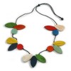 Multicoloured Oval/Round Wood Bead with Black Cotton Cord Long Necklace
