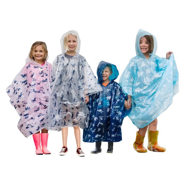 Disposable Rain Ponchos Kids - Emergency Kids Rain Poncho - 4 Pack of Youth Size Hooded Ponchos for Boys and Girls - Lightweight, Packable Rain Gear for Travel and More- Fun Colors, Designs