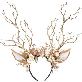 MOSTORY Branch Flower Antlers Headpiece - Gold Reindeer Ear Headband for Renaissance Deer Cosplay, Woodland Floral Antler Hairband for Renfaire Fairy Costume Women Fantasy Photo Shoot