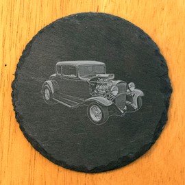 1932 Chevy Hot Rod: Laser-Etched Coasters for Gearheads - Round Slate - set of 4
