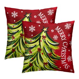 Merry Christma Tree Red and Green Throw Pillow Cover 18x18 Inch Pack of 2 Winter Snowflakes Xmas Cushion Pillow Case Square Holiday Farmhouse Pillowcase for Party Bed Sofa Home Car Bedroom Outdoor