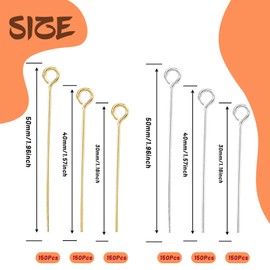 900 Pieces Eye Pins for Jewelry Making, 30mm 40mm 50mm Eye Jewelry Pins, Metal Eye Pins for DIY Craft Earring Bracelet Necklace Pendant Supplies (Gold, Silver)