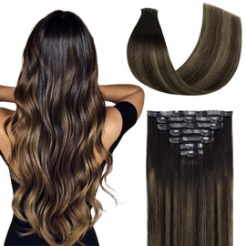 FUOTONBUTY Clip-In Real Hair Extensions, Double Stitched, 7 Pieces, Ombre Dark Brown to Chestnut Brown, 90 g, Natural Real Hair Extensions, 50 cm