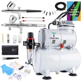 T TOGUSH Airbrush Kit with Air Tank Compressor 2 Dual-Action Gravity Airbrush with 0.2mm 0.3mm 0.5mm Nozzle Air Compressor with Airbrush Coloring Tool Cleaning Brush for Model Paint Hobby Craft