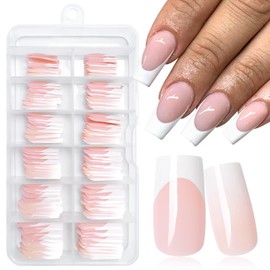 LuckForever 144pc White French Tips Press on Nails Medium Square Fake Nails French Nude Ombre Glue on Nails Press ons French Tips Medium False Fingernails with Glue Adhesive Tabs for Women Girls