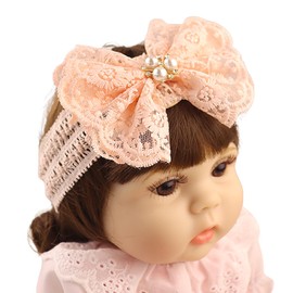 Bethynas Baby Girls Cute Bow-knot Lace Headband with pearl Christening White Soft Cotton Elastic Lace Hairband Infant Toddlers Bows Crown Hair Accessories (Pink (pearl))