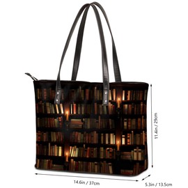 bisibuy Vintage Library Bookshelf Tote Bag Women Shoulder Handbags PU Leather Everyday Bag with External Pocket Large Capacity Aesthetic Corduroy Tote Bag for Travel Work Party