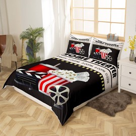 Vintage Cinema Ticket Duvet Cover Movie Theater Theme Bedding Set Filmstrip Home Decorative Comforter Cover Bedroom Decor Bedspread Dpouble Size with 2 Pillow Case