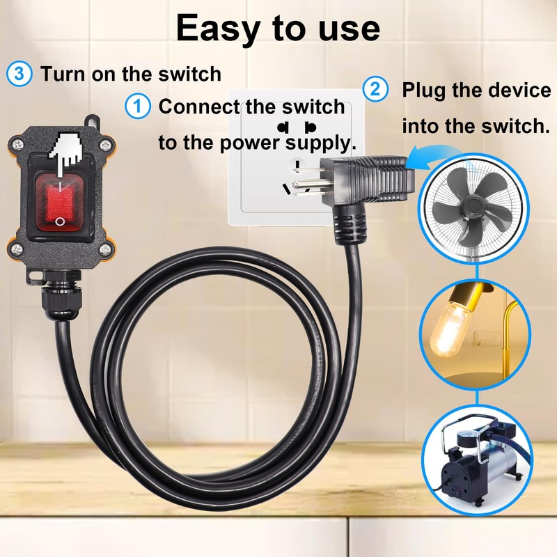 TWTADE Extension Cord with Switch On/Off, IP67 Waterproof Inline Cord