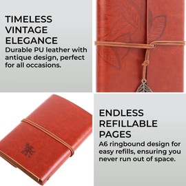 H&S Journal Notebook Plain Blank Pages Refillable Notepad Diary - Brown Vintage PU Leather for Travel Girls Boys Women Men Adults - Blank Page Notebooks - Refillable Journal - Plain Leather Notebook