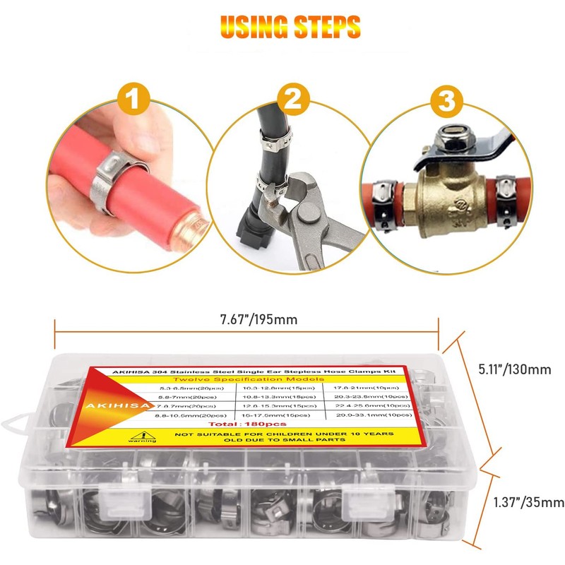 AKIHISA 180 PCS Single Ear Hose Clamps, 12 Sizes 5.3-33.1mm