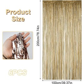 6 Pack Champagne Gold Metallic Tinsel Foil Fringe Curtains, 1 m x 20 m Champagne Gold Foil Curtain Backdrop, Tinsel Backdrop Streamers, for Birthday Engagement Weddings Parties Holiday Decoration