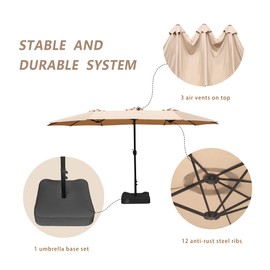 Bigroof 15 Ft Patio Umbrella Double-Sided Outdoor Market Extra Large Twin Umbrella with Crank & Umbrella Base Polyester Fabric (Beige)