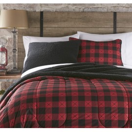 Thermee Micro Flannel Comforter Set with 2 Shams, Won't Shrink or Pill, Machine Wash, Black & Red Rustic Check, Full/Queen