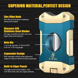XIFEI Cigar Cutter V-Cut,3 in 1 V Cutter with Cigar Punch Cigar Stand Sharpest 440 Stainless Steel Cut Blade Ergonomic Design Secure-Lock 55 Ring Gauge Portable Cigar Clipper with Gift Box (Blue Gold)