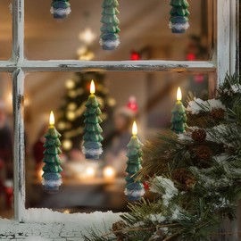 Yeelida Flameless Wax 0.78" x5" Flickering Short Green Tree Shaped Taper Candles with Remote and Timer, LED Window Pillar Battery Operated Pack of 6 Candlesticks for Festive Decorations