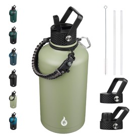 BJPKPK 2/3 Gallon Water Bottle with Straw Lid, 50oz, 64oz, 87oz, 128oz Large, Stainless Steel Water Bottles with 3 Lids and Paracord Handle, Double Wall Vacuum Metal Water Jug, Camp Green