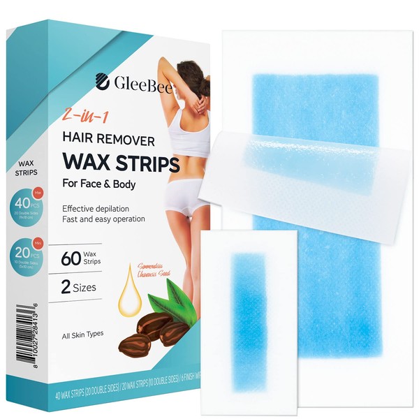 Gleebee Wax Strips 60 counts, Waxing Strips, Wax strips for Hair Removal, Wax kit including 40 Body trips and 20 Facial Strips, Hair Removal Body Wax Strips for Face, Arms, Legs, Underarms, and Bikini, Bikini Wax Kit for Women