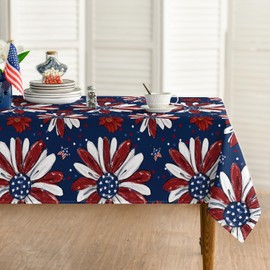 Horaldaily 4th of July Tablecloth 60×60 Inch Square, Patriotic Memorial Day Red and Blue Print Flowers Independence Day Washable Table Cover for Party Picnic Dinner Decor