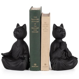 Meditating Cat Bookends, Zen Style Decorative Cat Statue Bookends, Heavy Resin Book Ends for Shelves, Desk & Home Decor (Black)