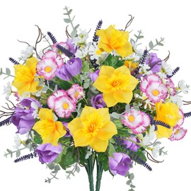 Luabue Artificial Flowers, Fake Artificial Flowers Silk Daffodils Tulips Daisies Artificial Floral, Realistic Spring Flower Arrangements for Home Decoration Vase Wedding Party Indoor Outdoor Decor