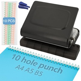 10-Hole Binding Machine for Planner (Black) - Manual Punch with 10 Multi-Color Binding Spines - Punches 26 Holes on B5, 30 Holes on A4, 20 Holes on A5 Paper
