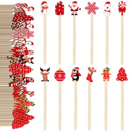 JarThenaAMCS 120Pcs Christmas Coffee Stirrers Assorted Xmas Pattern Stir Sticks Wooden Drink Stirrers Disposable for Home Office Bar Restaurant Party Supplies