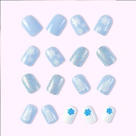 Christmas Short Press on Nails Square Winter Snowflake Fake Nails with Christmas Tree Snowflakes Designs Silver Glitter False Nails Light Blue Full Cover Glossy Xmas Glue on Nails for Women 24 Pcs