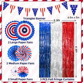 4th of July Patriotic Decorations, Red White and Blue 3 Pack Tinsel Foil Fringe Curtains, Paper Fans, Pennant Bunting for Patriotic Party, Memorial Day, Independence Day, Labor Day