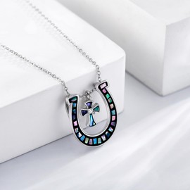 JERWLI Horseshoe Necklace S925 Sterling Silver Horse Shoe Necklaces Abalone Horseshoe Cross Pendant Necklaces Lucky Horseshoe Horse Jewelry Gifts For Women Female Lover