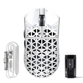 ATTACK SHARK R5 Ultra Wireless Gaming Mouse,39g Superlight Carbon Fiber Hollowed-Out,PAW3950MAX Optical Sensor Nordic 52840 MCU 8K Polling 42K DPI,BT/2.4G/USB-C Mice with Coiled Cable for PC/Mac-White