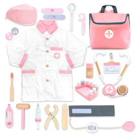 UMU Doctor Set Dentist Pretend Play Toy Set of 20 Pieces Pretend Play Set Wooden Halloween Costume Play Children Educational Toy for Girls and Boys 3 Year Old Birthday Present Includes Tools
